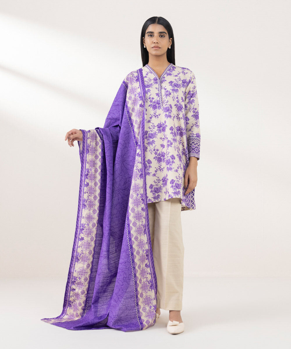 3 Piece - Printed Khaddar Suit Women's Pret Khaddar Purple Printed 3 Piece Suit