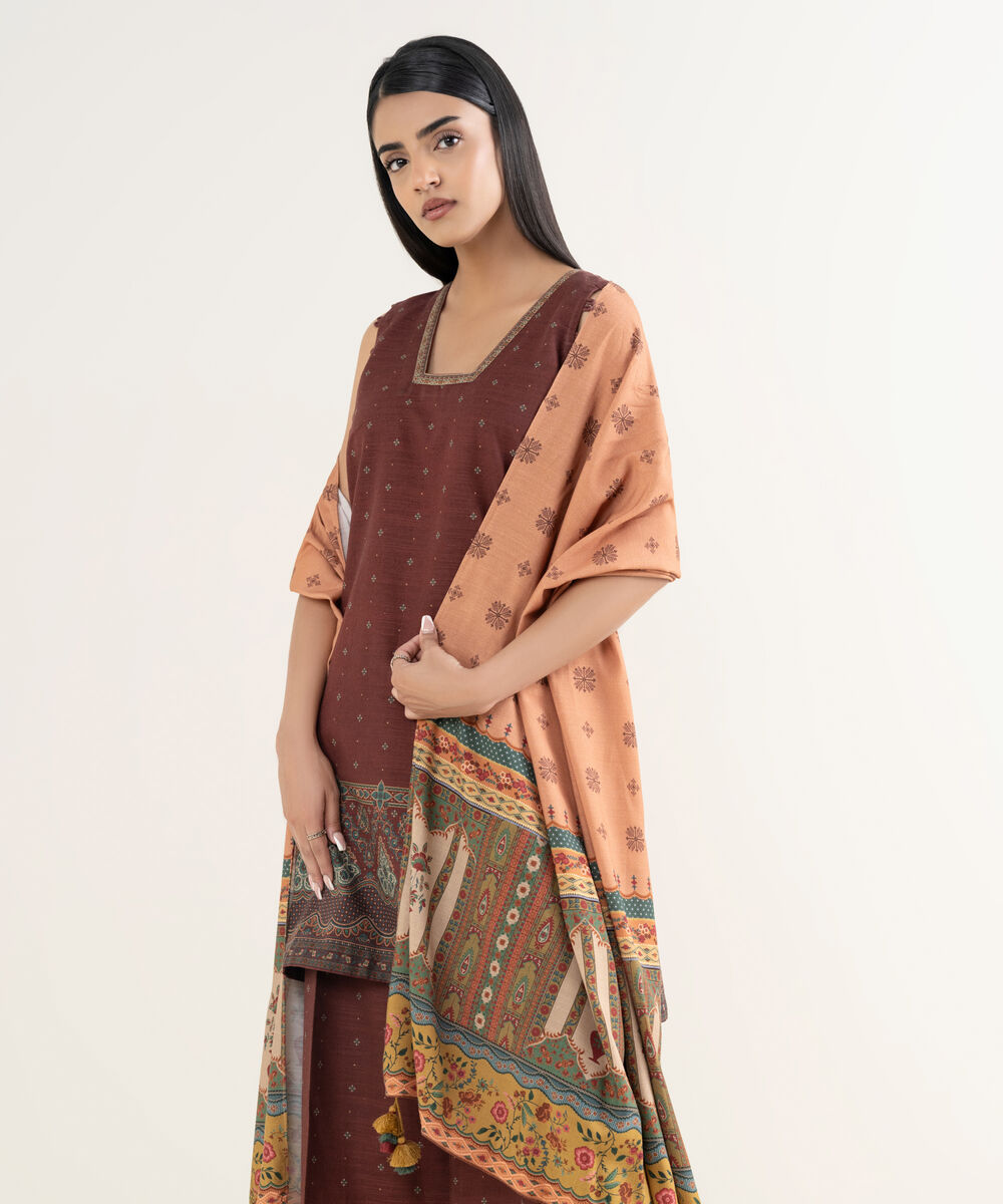 Women's Unstitched Printed Light Khaddar Maroon 3 Piece Suit