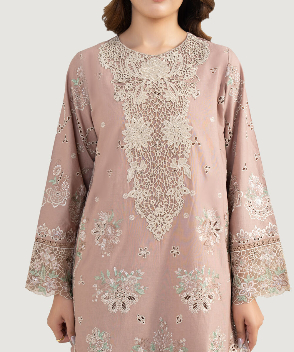 Women's Unstitched Lawn Embroidered Beige 3 Piece Suit