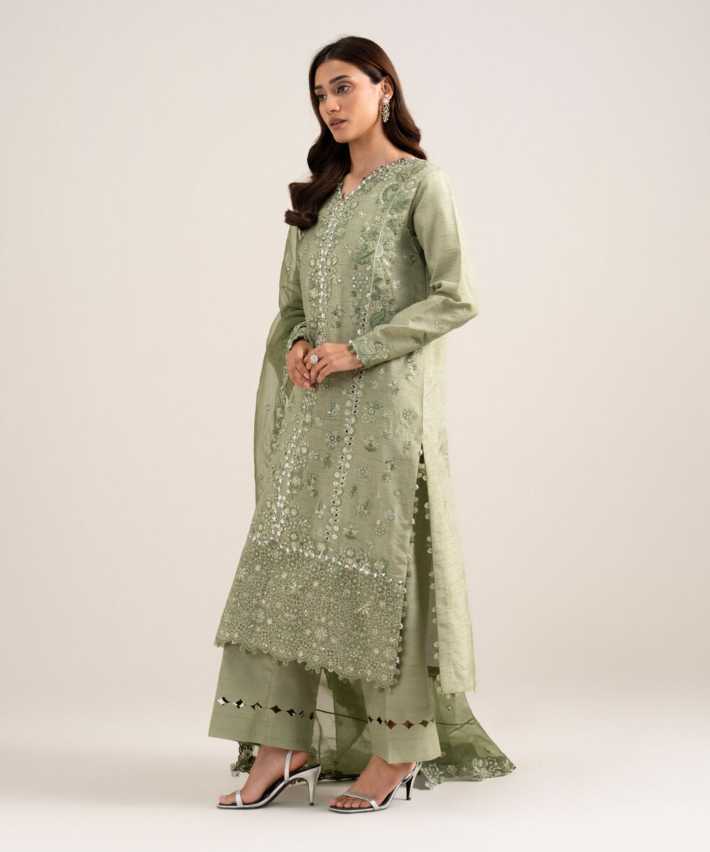 Women's Unstitched Embroidered Viscose Raw Silk Green 3 Piece Suit