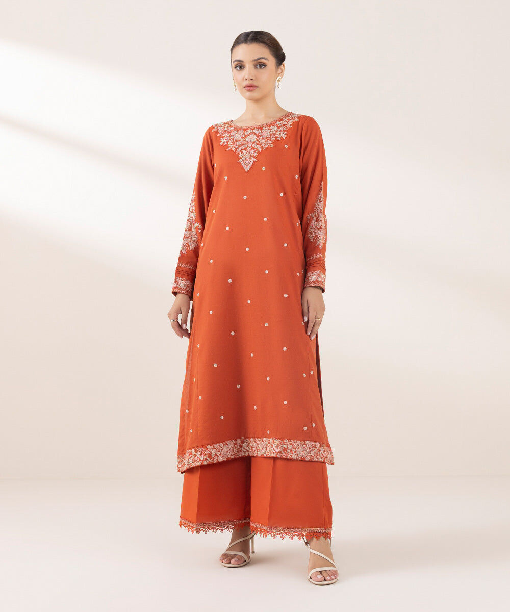Woman - Orange Embroidered Cotton Karandi Shirt