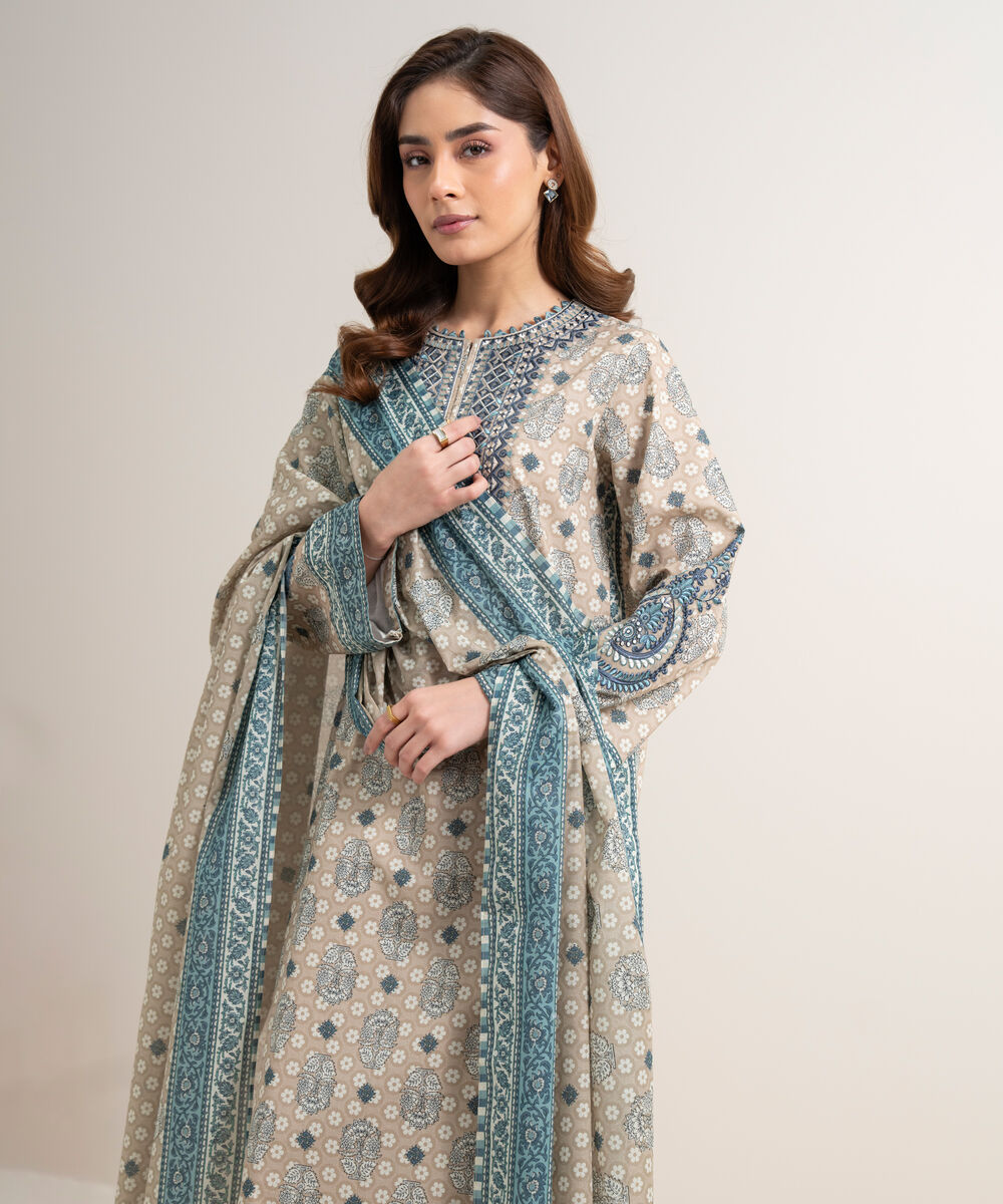 Women's Unstitched Lawn Embroidered Beige 3 Piece Suit