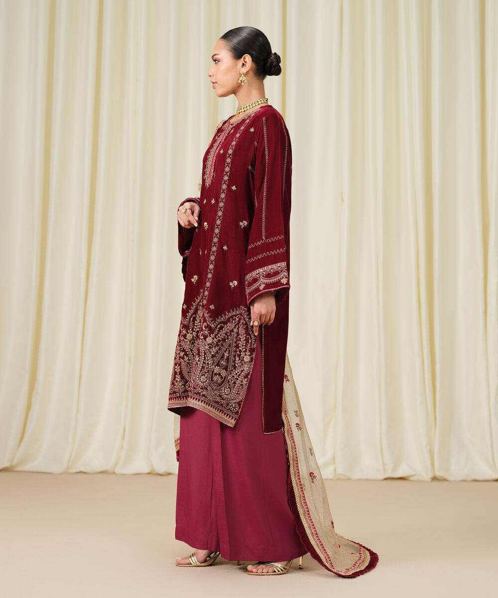 Women's Unstitched Embroidered Velvet Red 3 Piece Suit