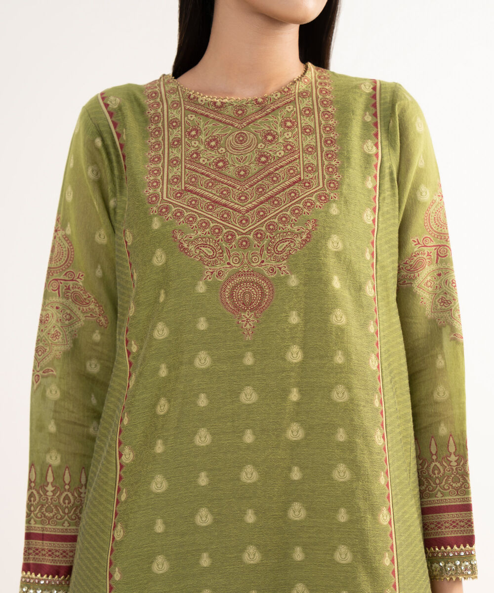 Women's RTW Zari Jacquard Green Embroidered 3 Piece Suit