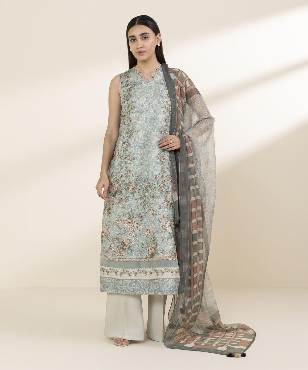 Unstitched Women's Blue Lawn 3 Piece Suit