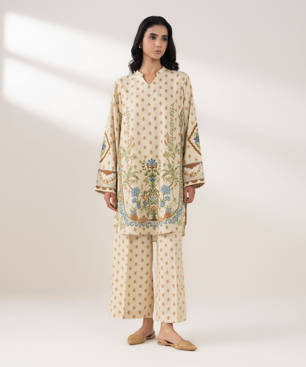 Women's RTW Viscose Linen Printed Pale Yellow 2 Piece Suit