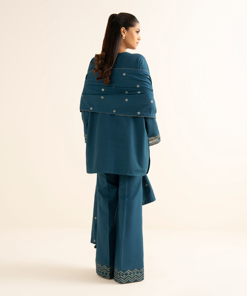 Women's Unstitched Textured Cotton Embroidered Blue 3 Piece Suit