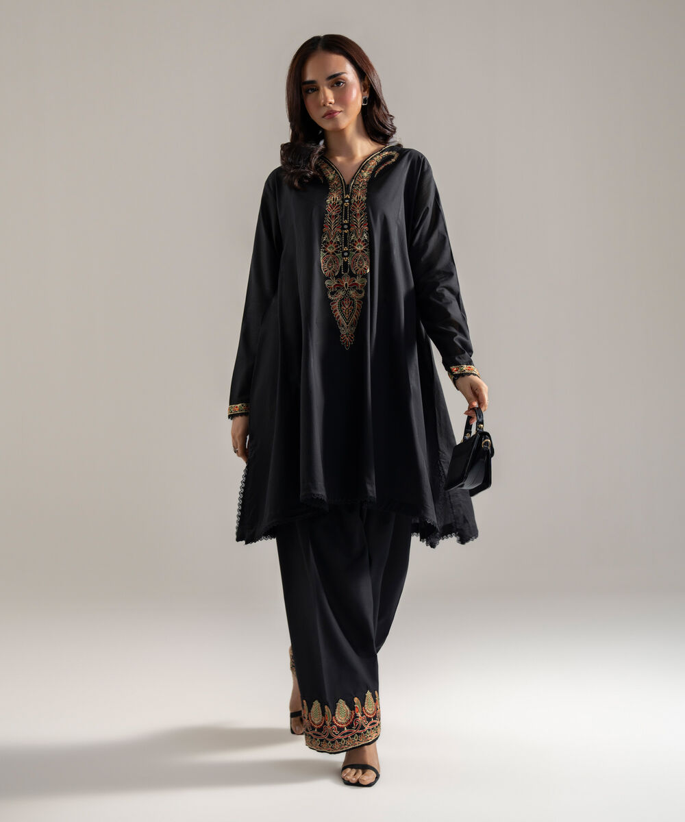 Women's RTW Lawn Solid Embroidered Black Flared A-Line