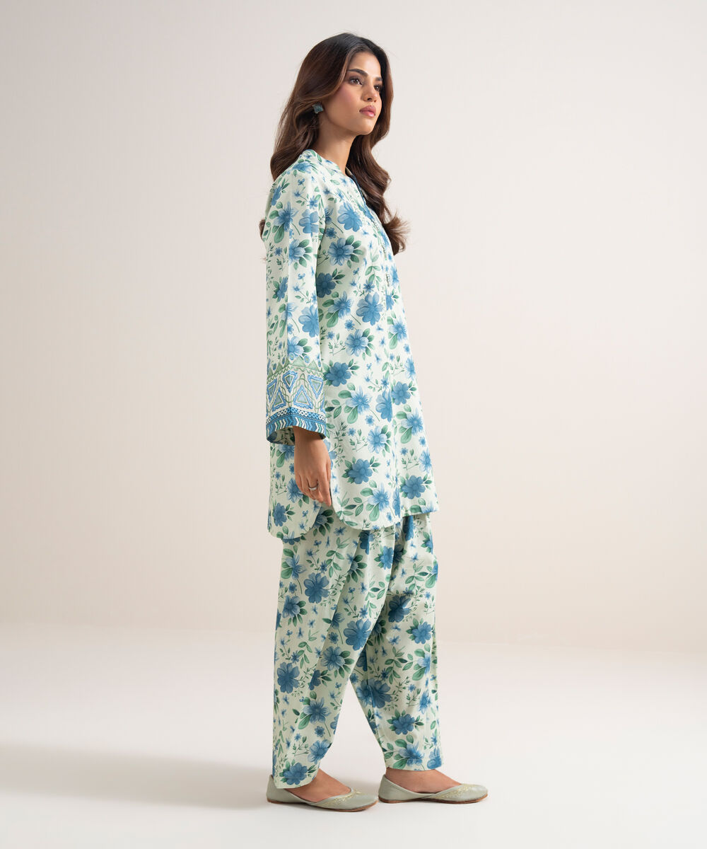Women's Unstitched Lawn Embroidered Blue 2 Piece Suit