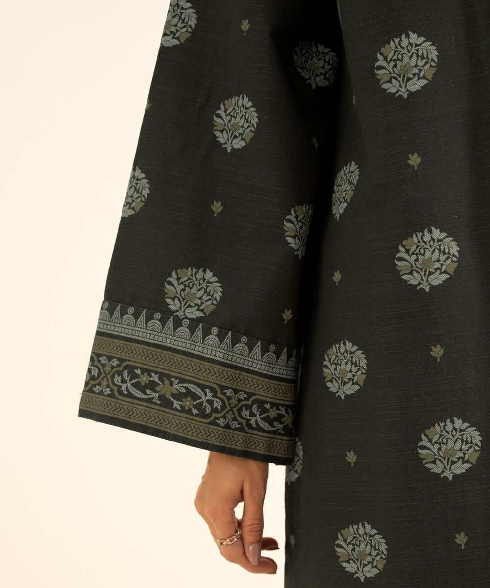 Women's Unstitched Cotton Printed Brown 3 Piece Suit