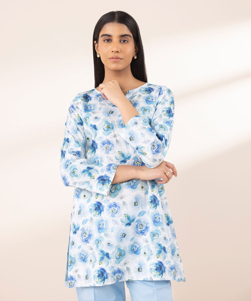 Women's RTW Lycra Blue Printed A-Line Shirt