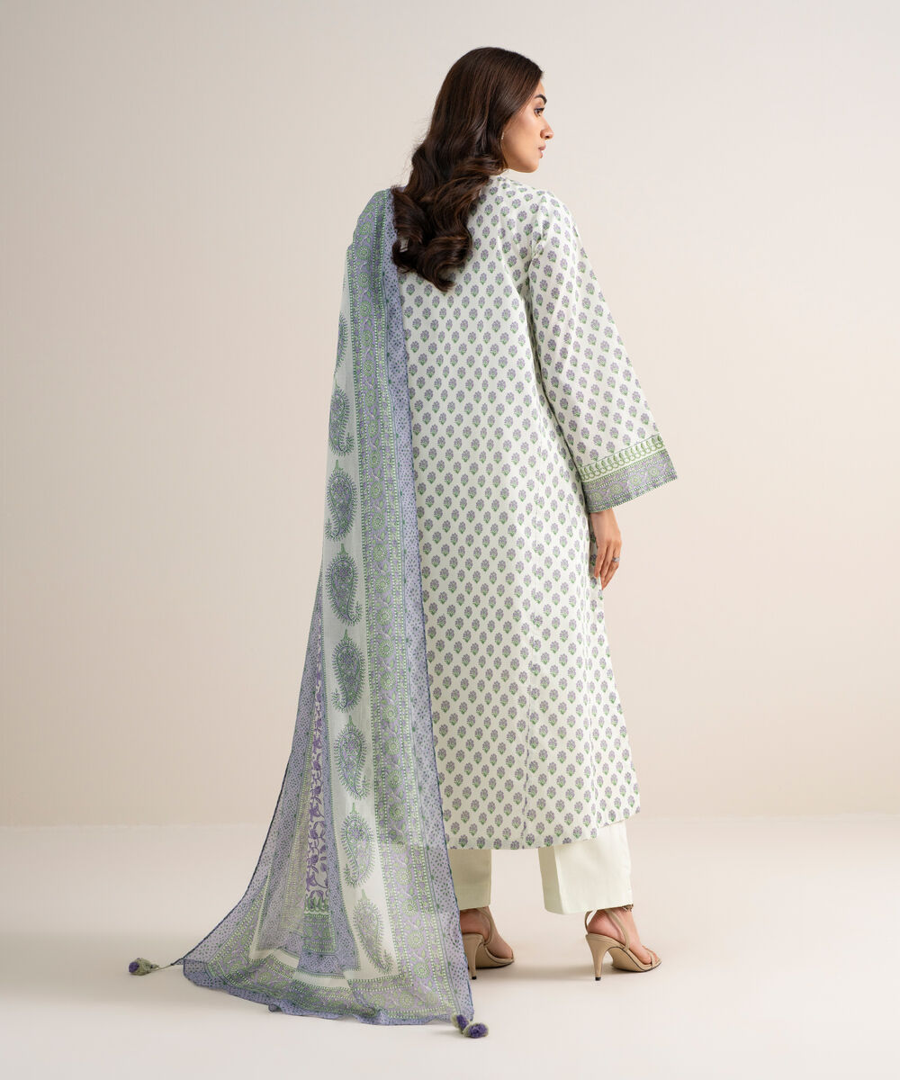 Women's Unstitched Lawn Embroidered Off White 3 Piece Suit