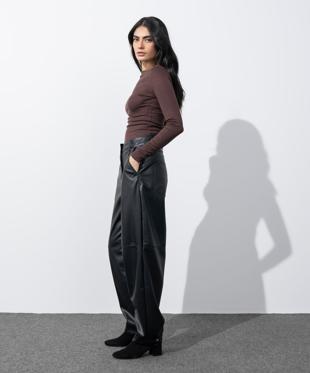 Women's Western Wear Brown Slash Neck Rib Top