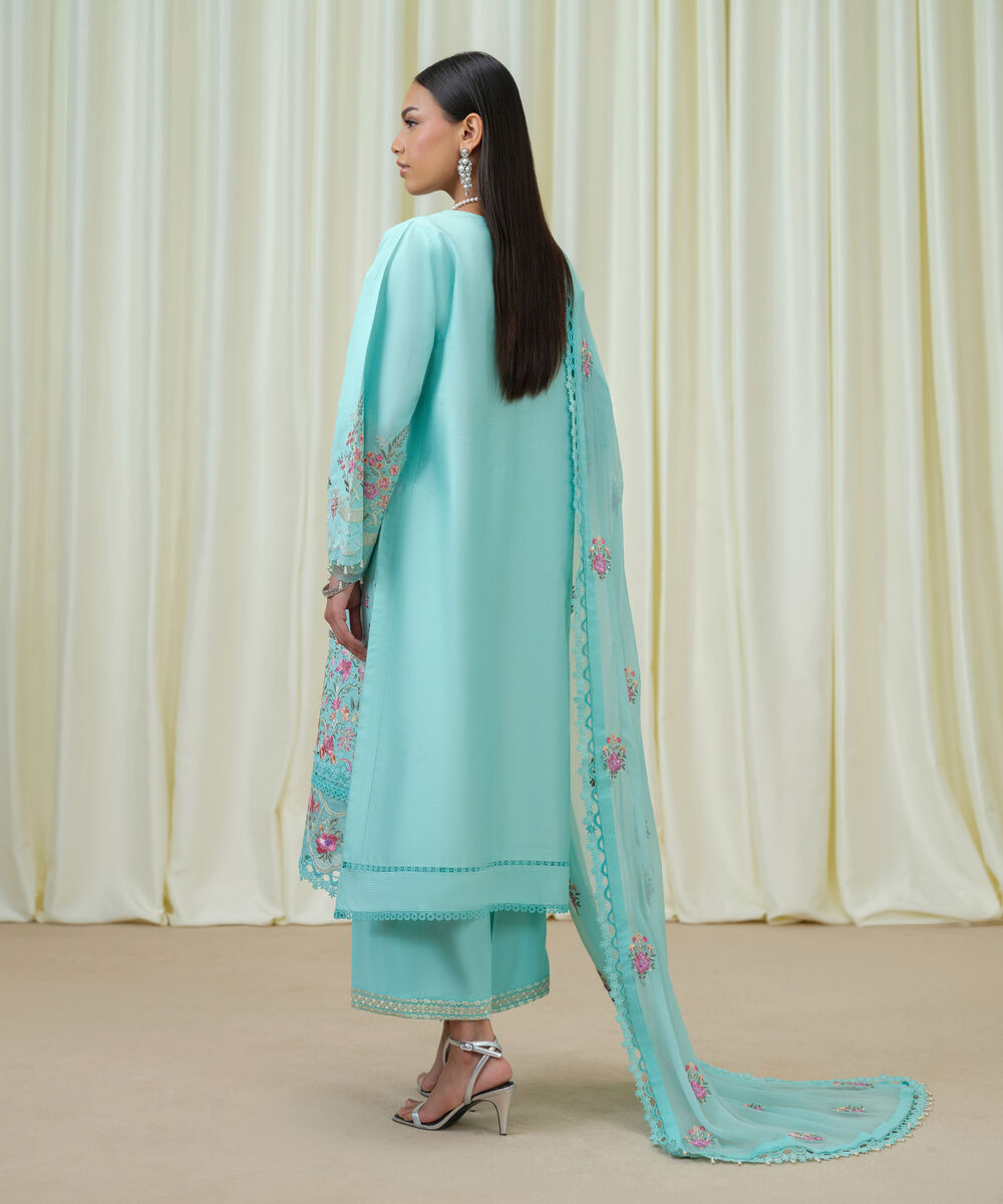 Women's Unstitched Cotton Net Embroidered Blue 3 Piece Suit