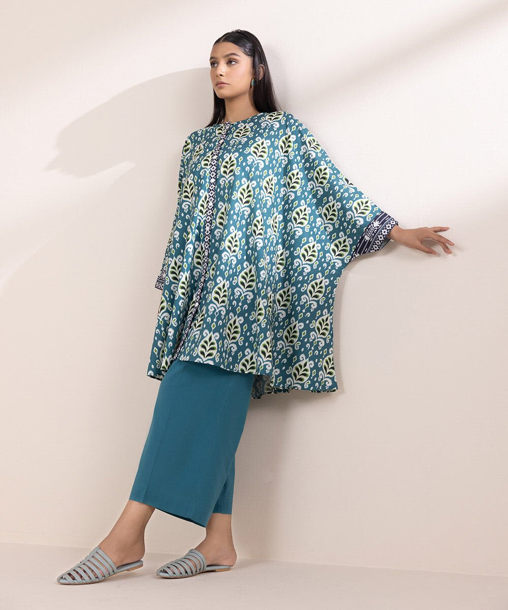 Printed Cotton Viscose Kaftan Women's Pret Cotton Viscose Printed Teal Kaftan