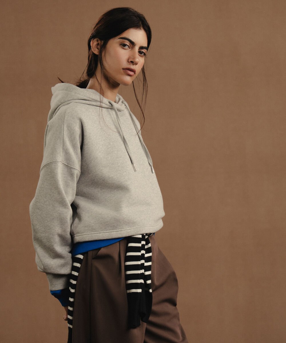 Women's Western Wear Grey Melange Cropped Fleece Hoodie