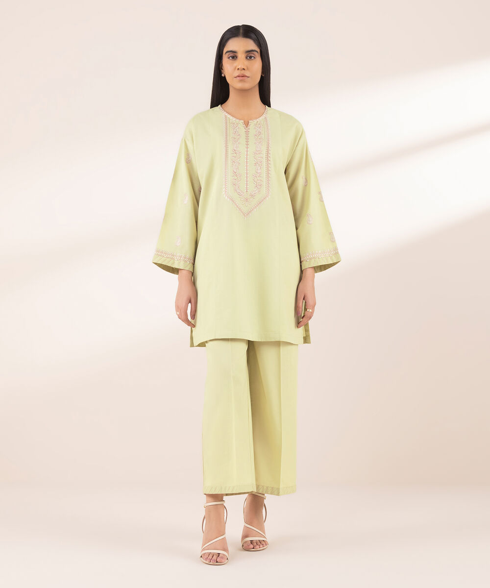 Women's RTW Textured Lawn Beige Embroidered Boxy Shirt