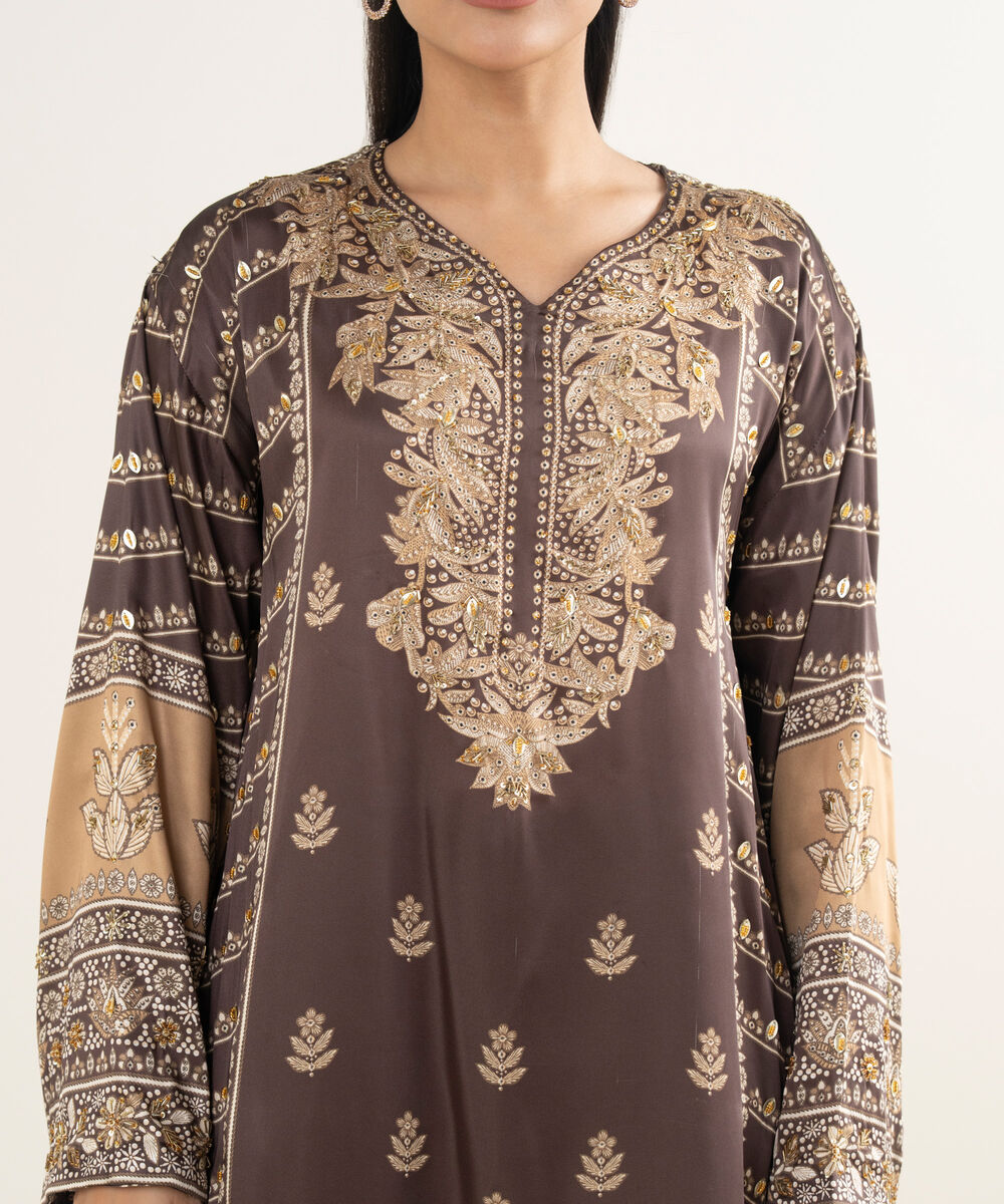 Women's RTW Blended Satin Embroidered Brown 3 Piece Suit