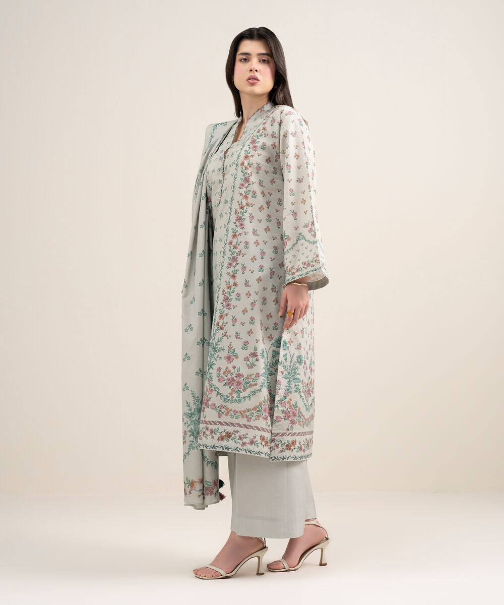 Women's Unstitched Zari Lawn Printed Grey 3 Piece Suit