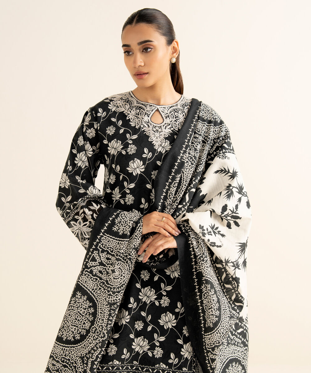 Women's Unstitched Khaddar Embroidered Black 3 Piece Suit