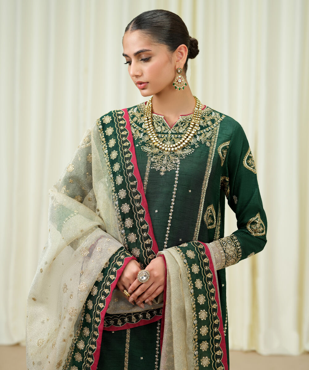 Women's Unstitched Raw Silk Embroidered Green 3 Piece Suit