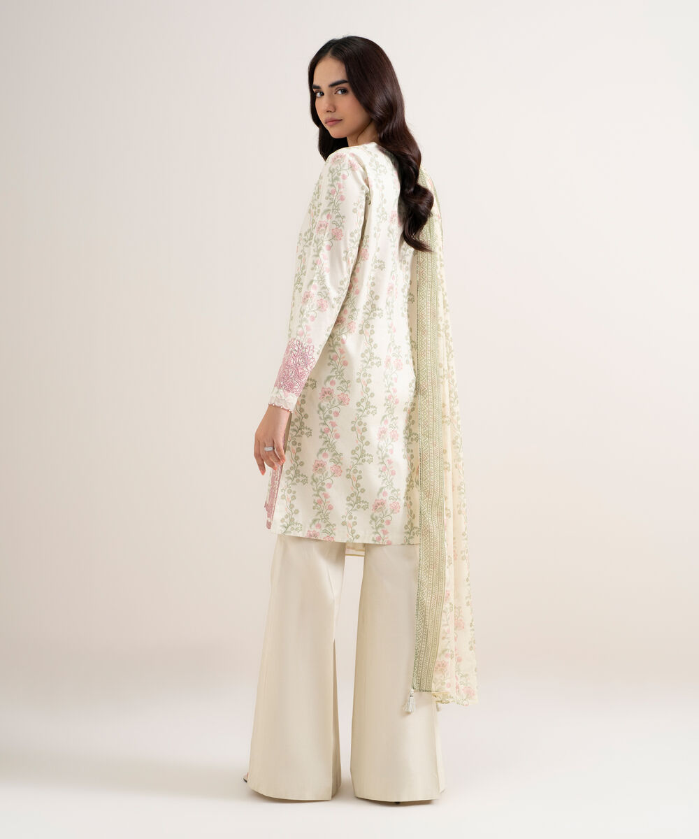 Women's Unstitched Lawn Embroidered Off White 3 Piece Suit