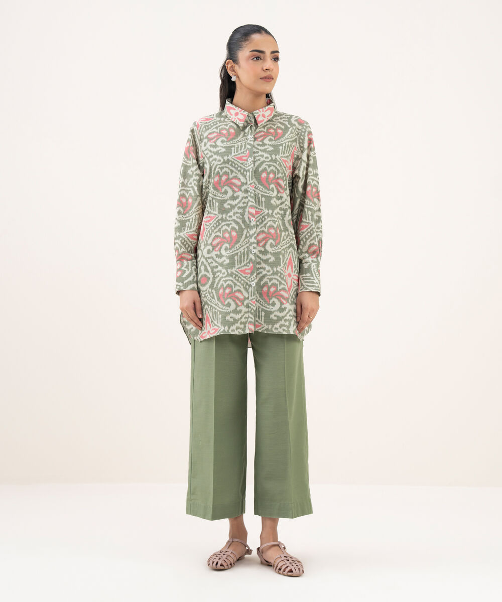 Women's RTW Light Khaddar Printed Button Down Grey Shirt