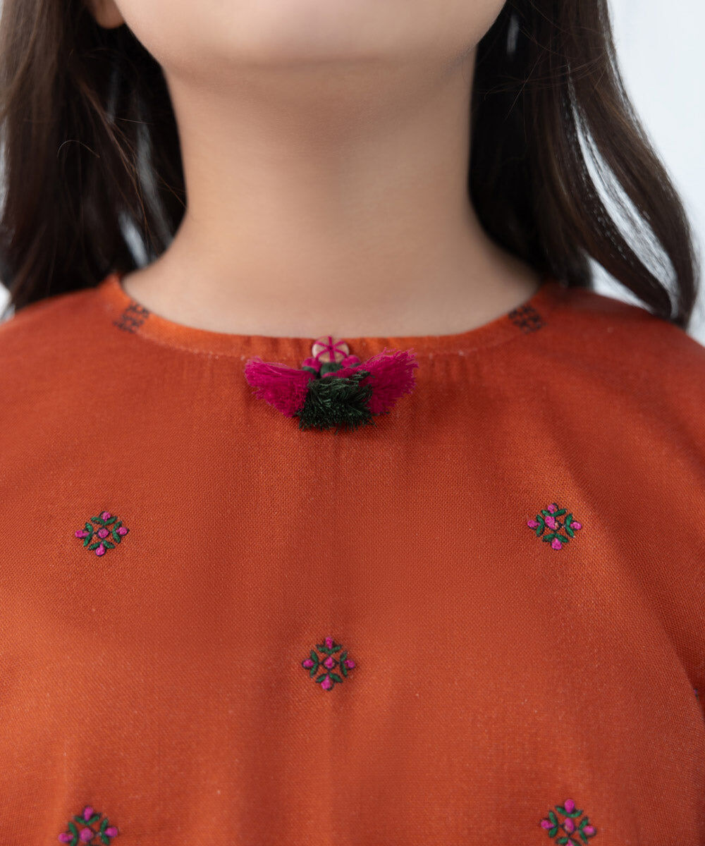 Kids East Girl's Orange 2 Piece Embroidered Khaddar Suit