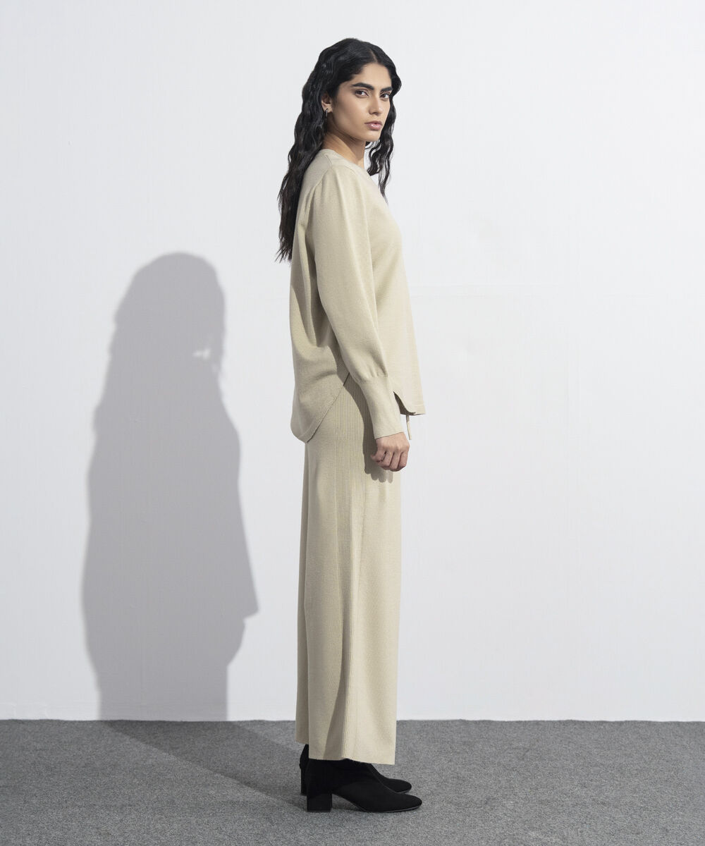 Women's Western Wear Beige Knit Sweater With Round Hem