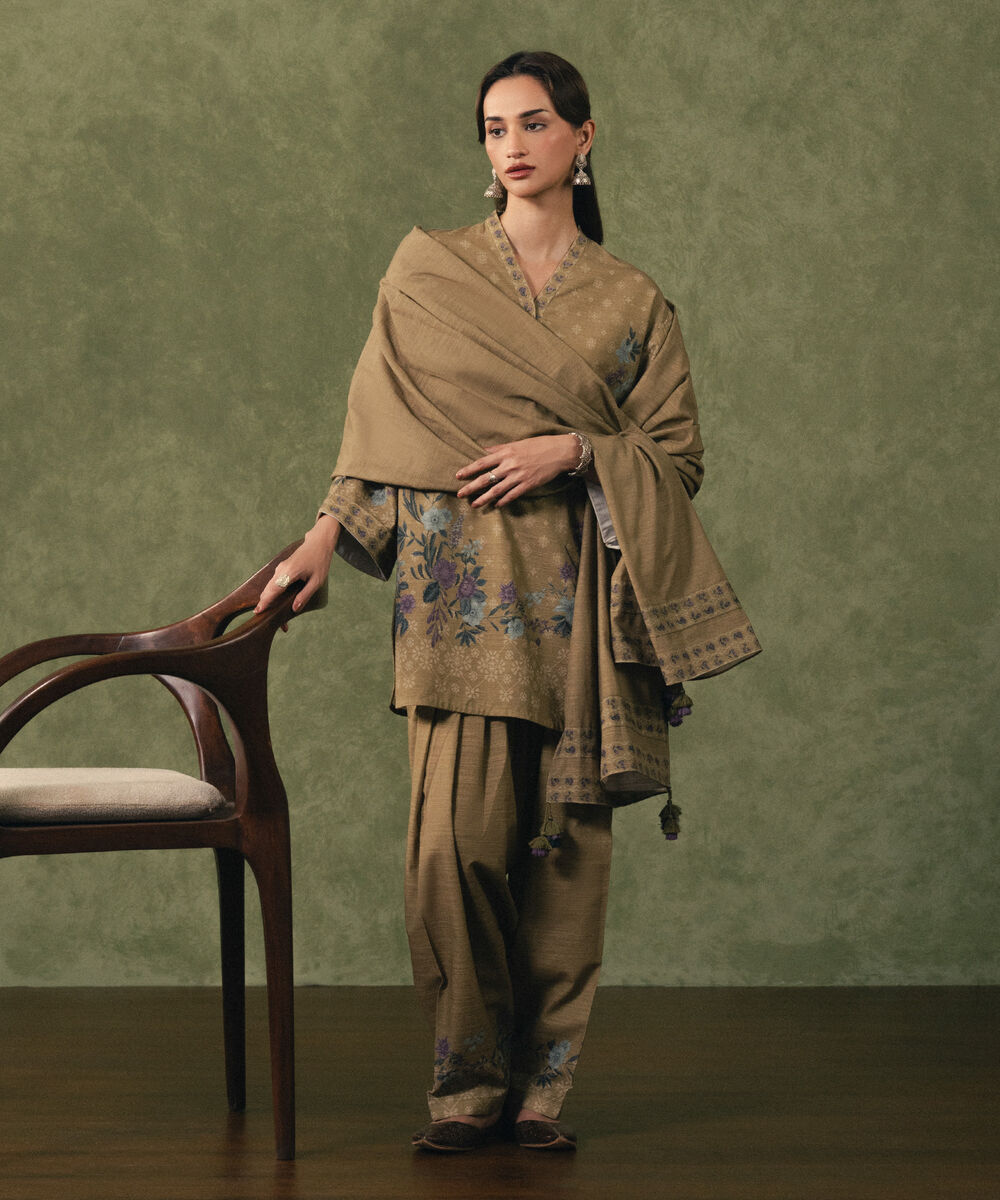 Women's Unstitched Khaddar Printed Brown 3 Piece Suit