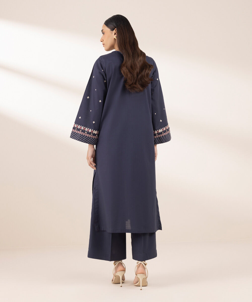 Women's RTW Cross Hatch Blue Embroidered A-Line Shirt