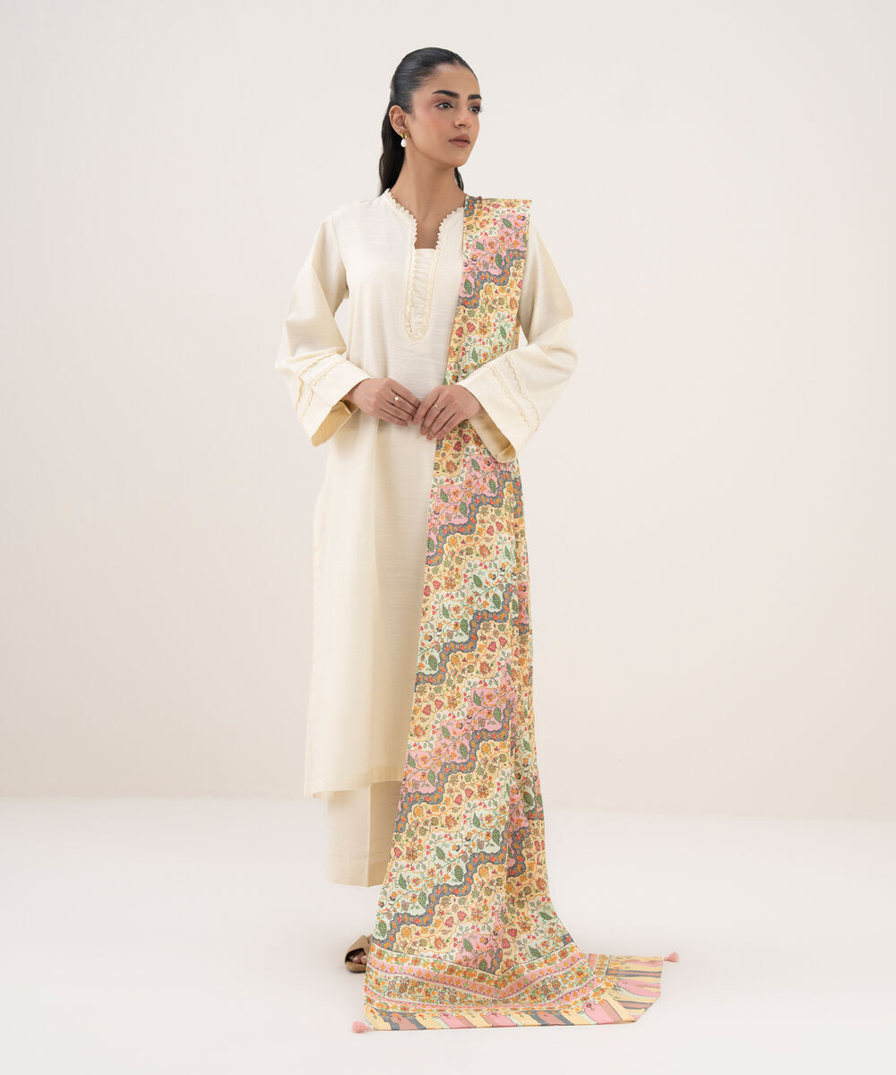 Printed Khaddar Pale Yellow Dupatta