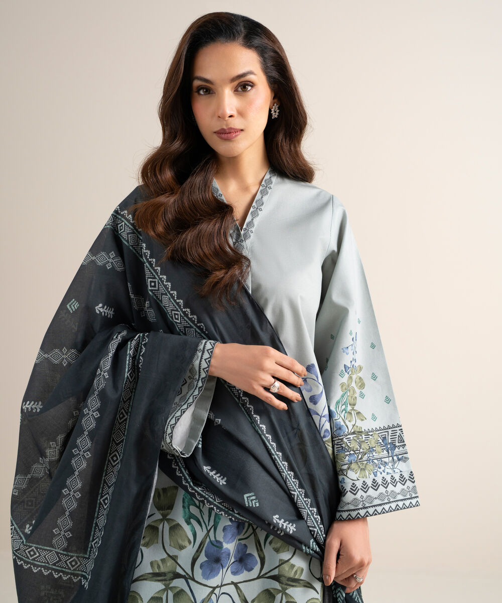 Women's Unstitched Cotton Printed Bluish Grey 3 Piece Suit