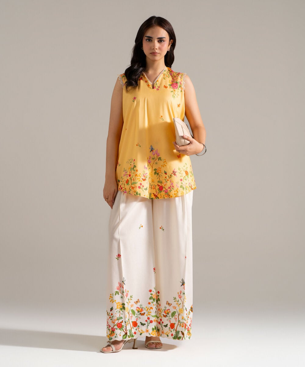 Women's RTW Cotton Viscose Printed Orange 2 Piece Suit