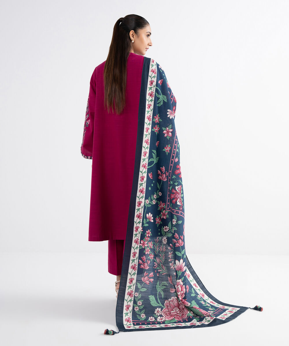 Women's Unstitched Khaddar Embroidered Pink 3 Piece Suit