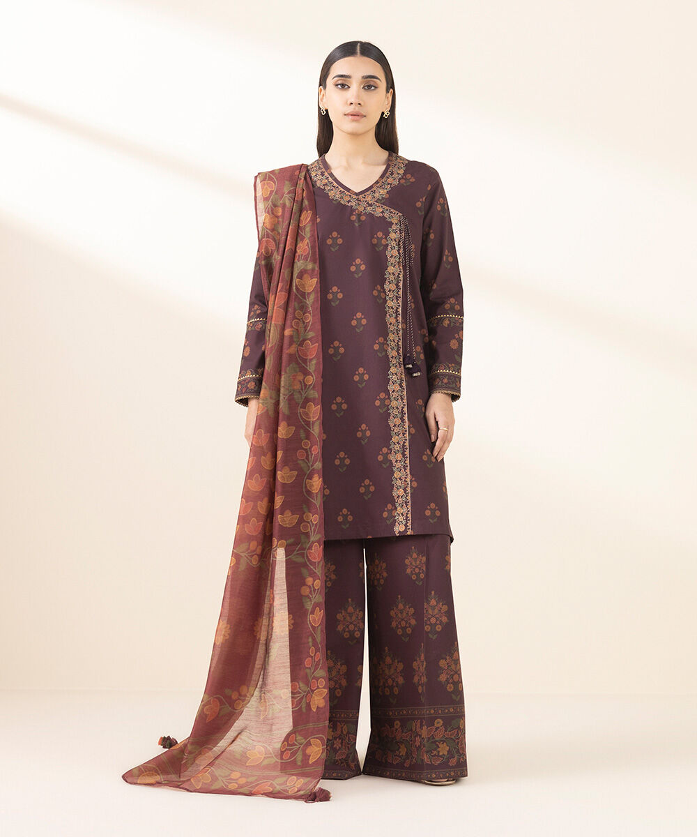 Unstitched Women's Red Lawn Embroidered 3 Piece Suit