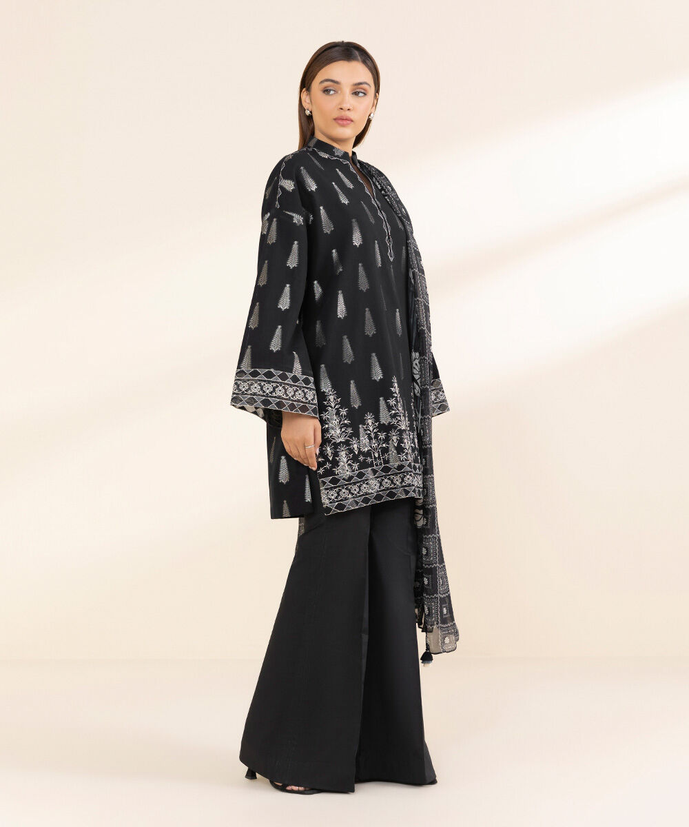 Women's Unstitched Black Extra Weft Jacquard, Jacquard 3 Piece Suit