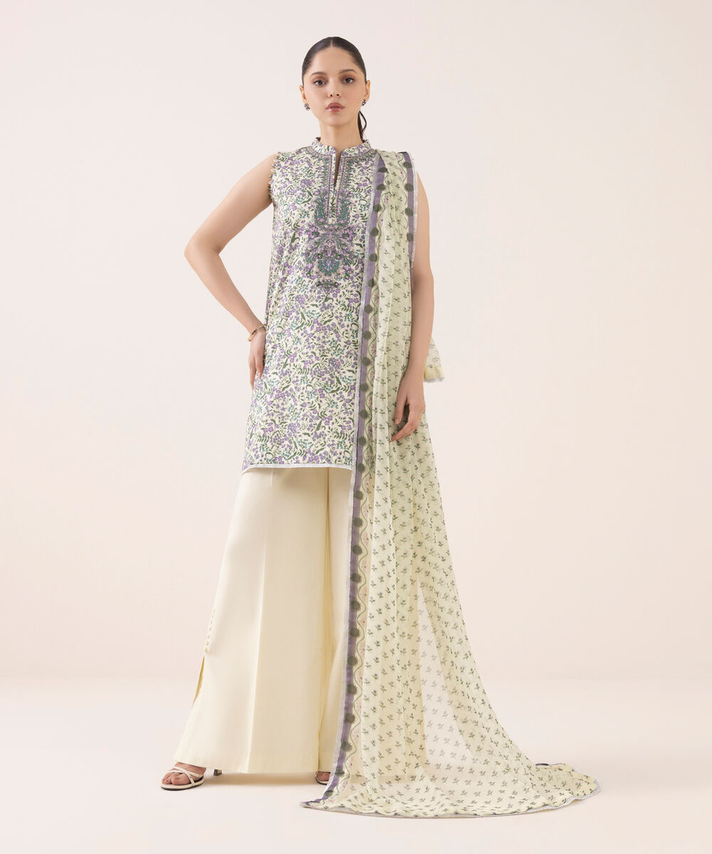 Women's Unstitched Cotton Embroidered Multi Three Piece Suit