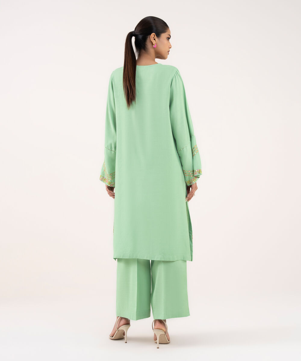 Women's RTW Viscose Raw Silk Mint Green Embroidered 2 Piece Suit