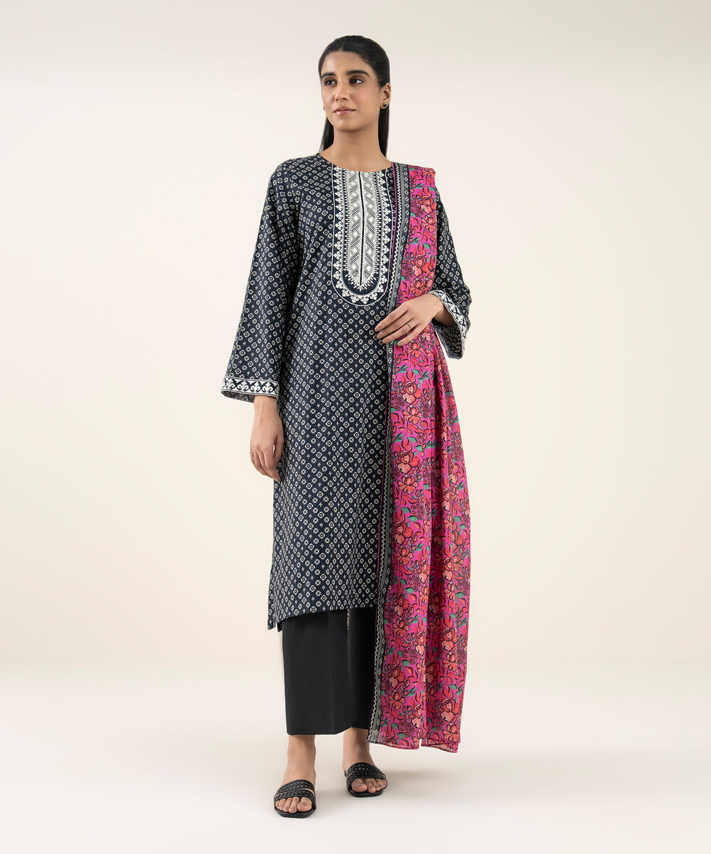 Women's RTW Lawn Black Embroidered A-Line Shirt