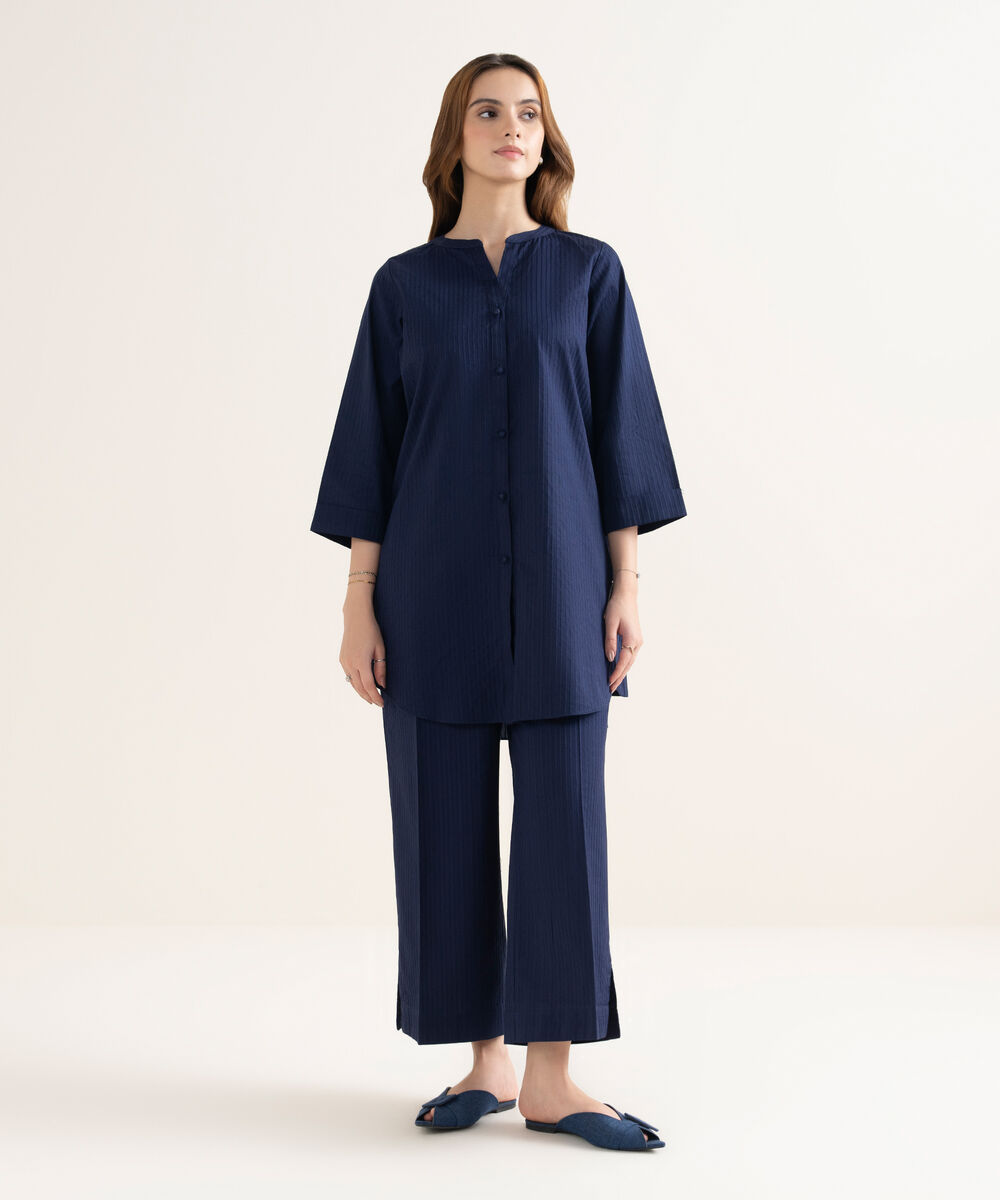 Women's RTW Handwoven Dobby Solid Button Down Blue Shirt