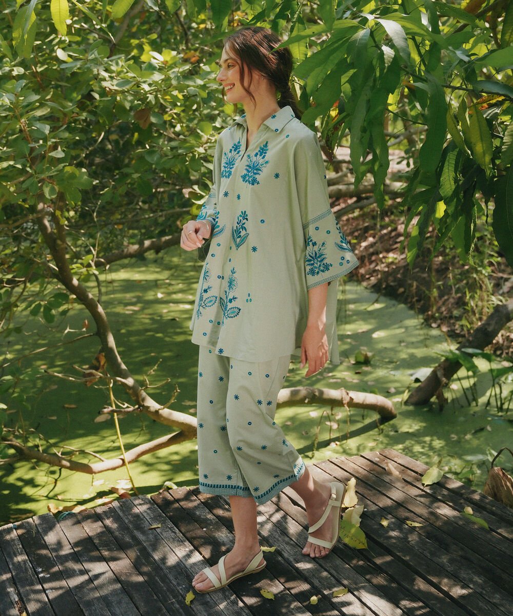 Women's RTW Dobby Embroidered Green Drop Shoulder Shirt