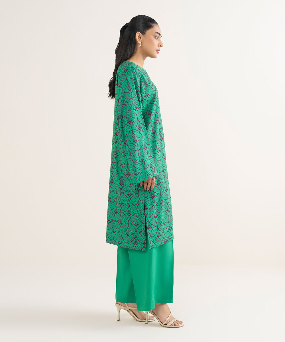 Women's RTW Linen Printed Green Straight Shirt