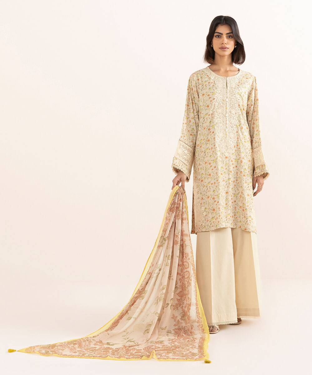 Women's RTW Arabic Lawn Beige Embroidered A-Line Shirt