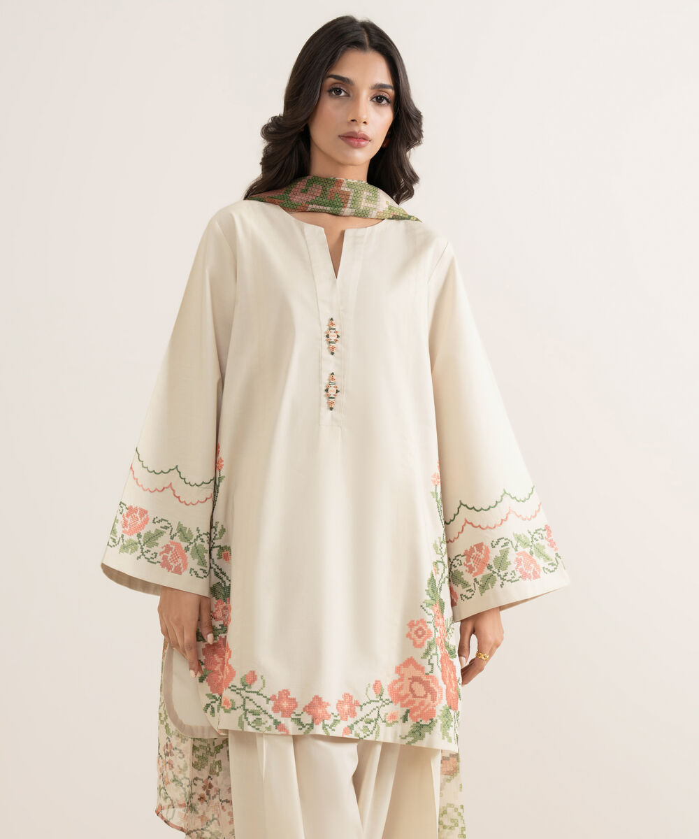 Women's Unstitched Textured Lawn Embroidered Off White 3 Piece Suit