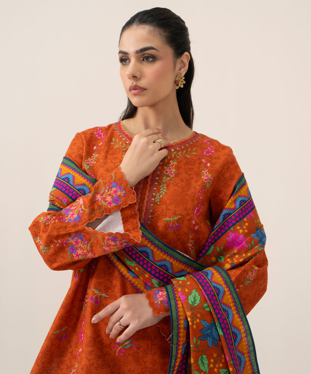 Women's Unstitched Lawn Embroidered Burnt Orange 3 Piece Suit
