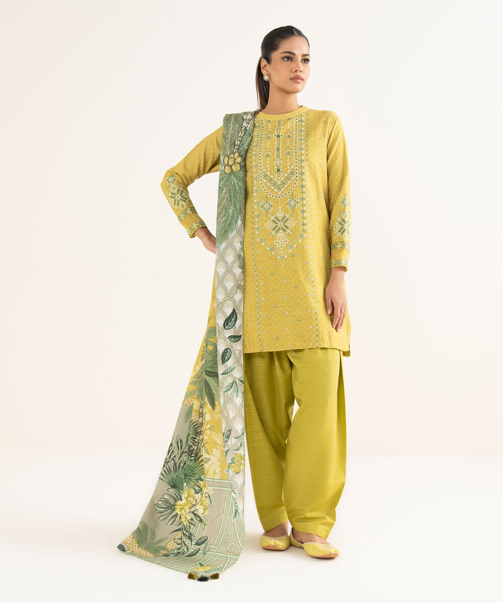 Women's Unstitched Light Khaddar Embroidered Yellow 3 Piece Suit