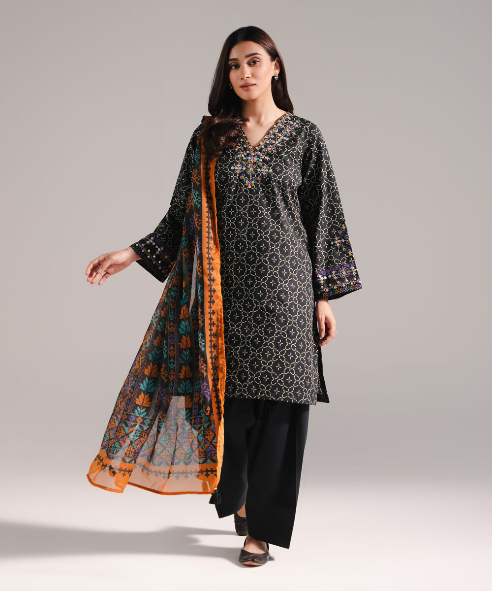 Women's RTW Lawn Printed Black 3 Piece Suit