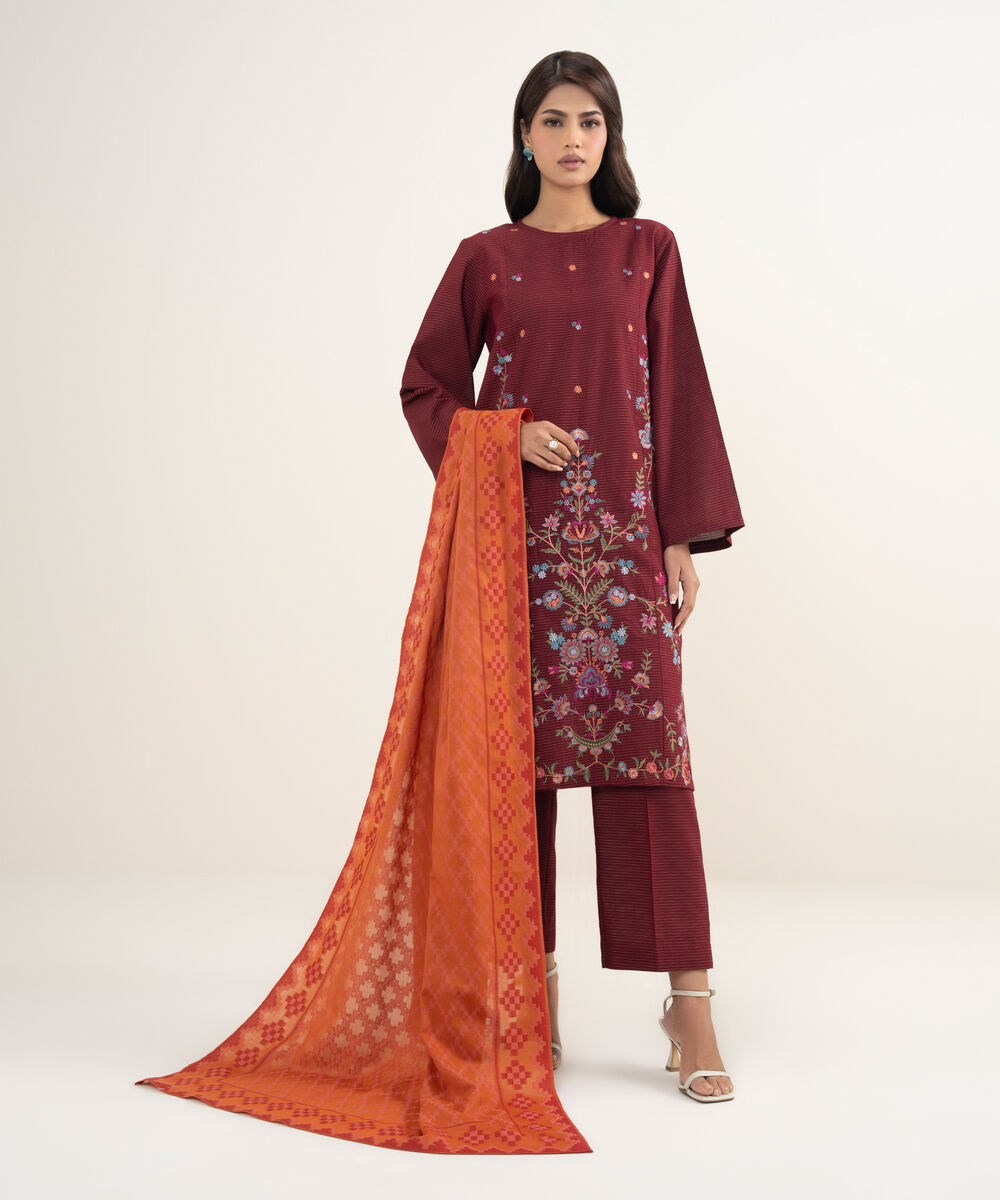 Women's Unstitched Zari Khaddar Maroon  3 Piece Suit