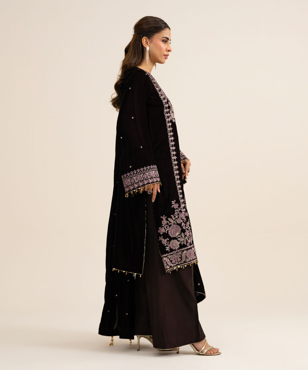Women's Unstitched Velvet Embroidered Plum 3 Piece Suit
